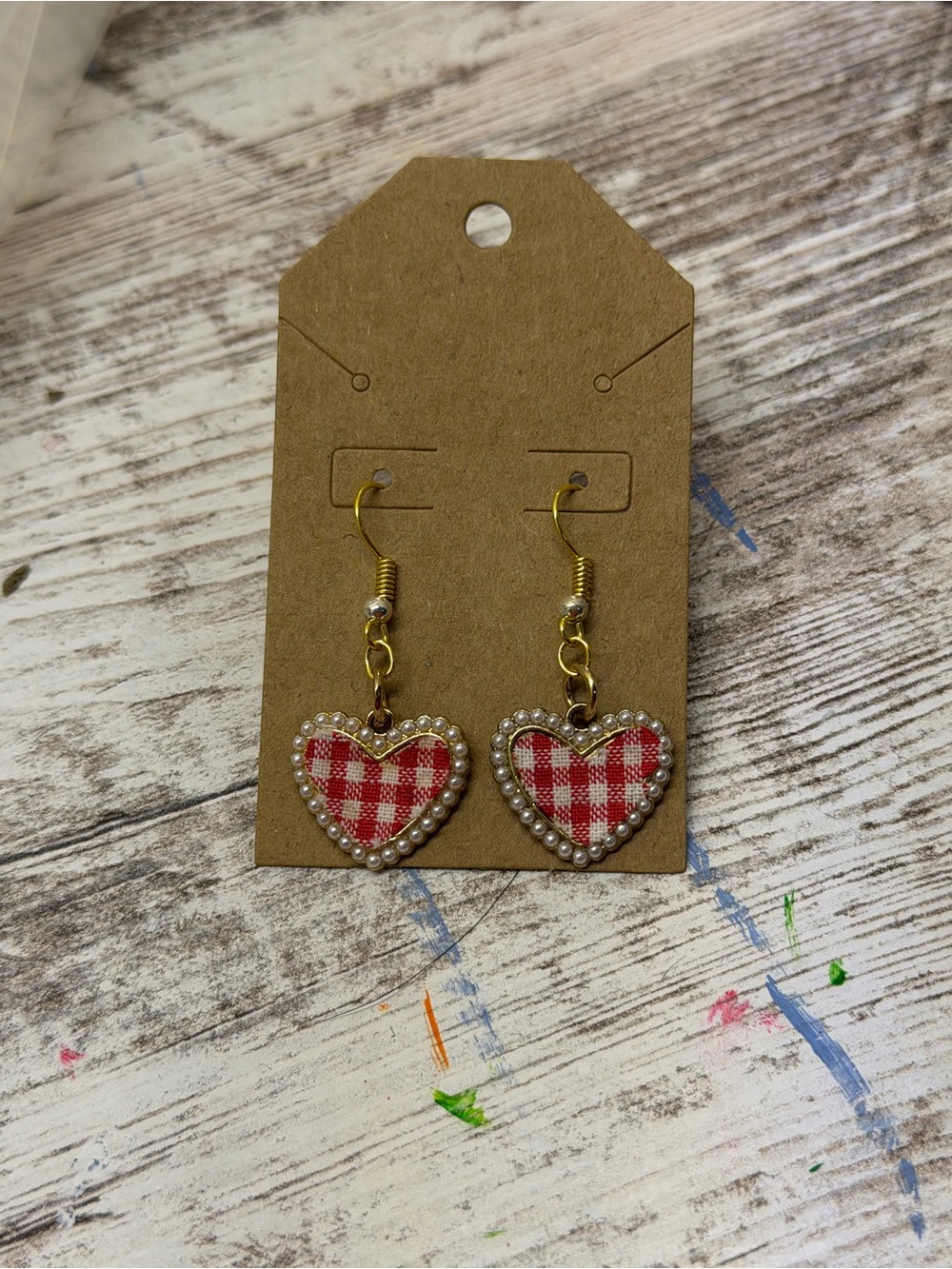 Red Gingham Heart Drop Earrings with Pearl Trim - Unbranded